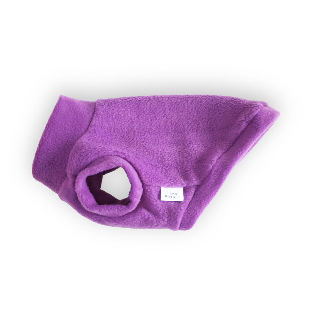 Purple fleece pet sweater on a white background, from Lana Royals Pet Wear.