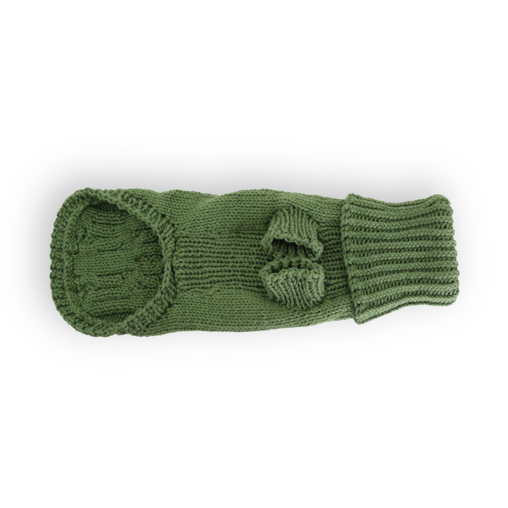 Hand-knitted forest green cotton turtleneck dog sweater for dogs, from Lana Royals Pet Wear.