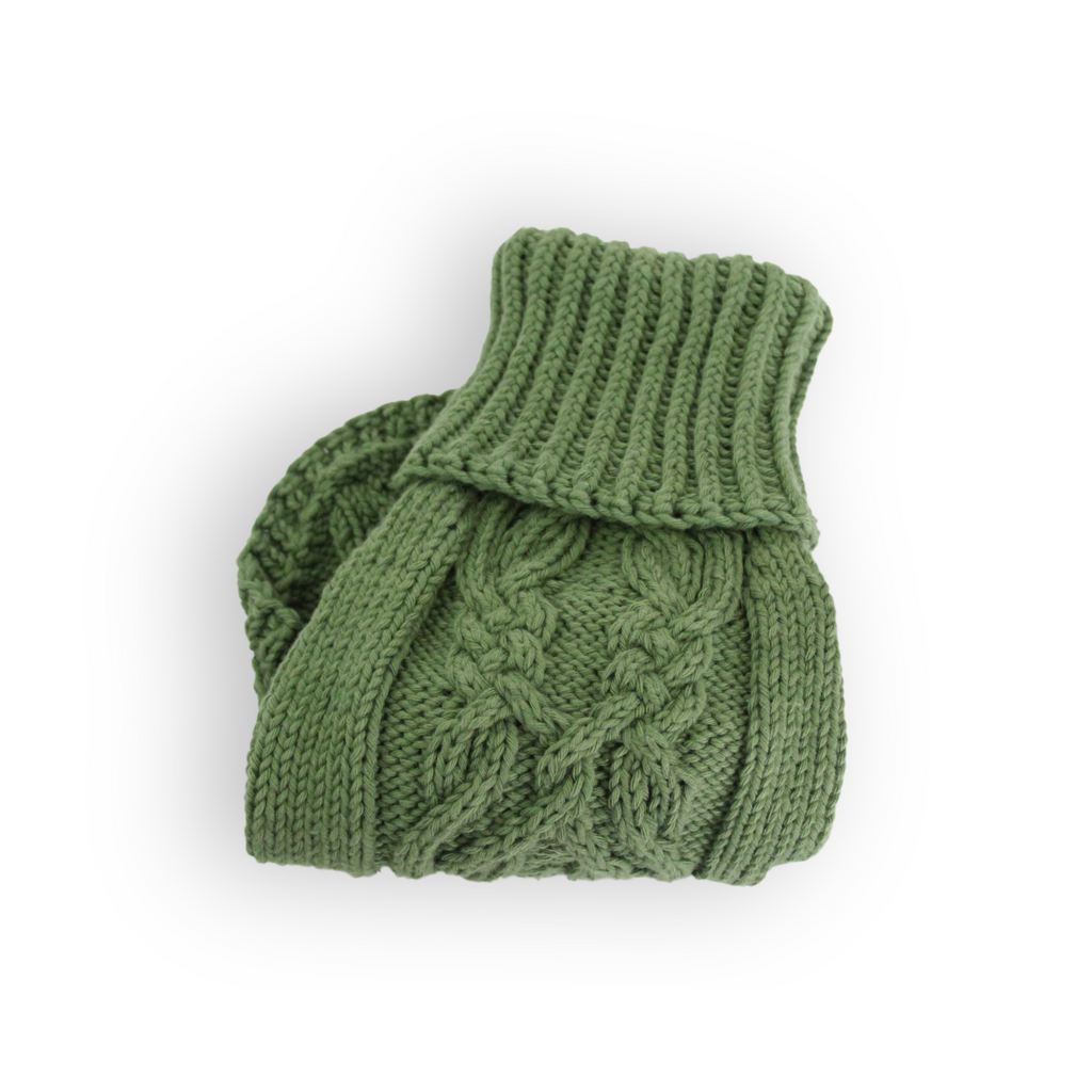 Hand-knitted forest green cotton turtleneck dog sweater with aran design, from Lana Royals Pet Wear.