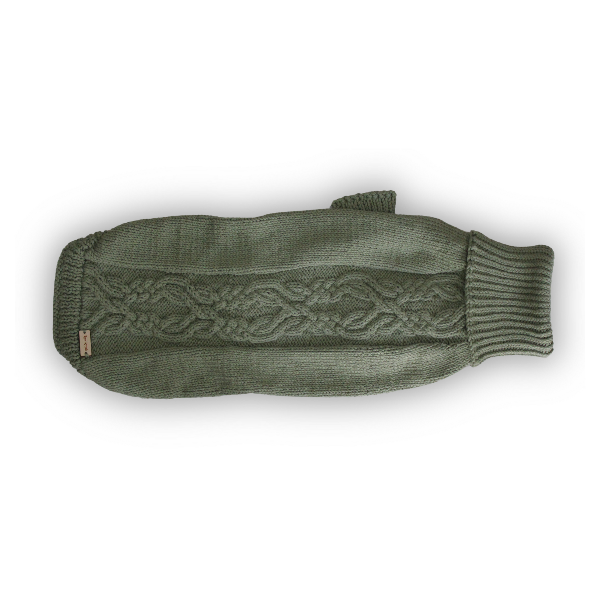 Hand-knitted moss green cotton dog turtleneck sweater with aran design, from Lana Royals Pet Wear.