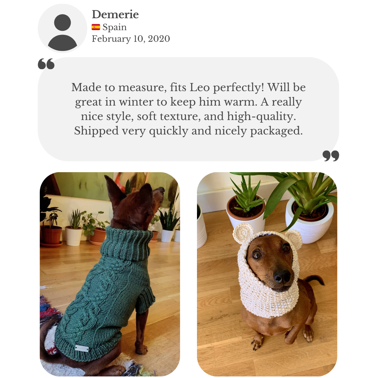 Customer review from Demerie: Miniature Pinscher wearing a hand-knitted cotton ‘Venzen’ sweater and ‘Cuddlebear’ snood, custom-made to measure by Lana Royals Pet Wear. She says the garments fit Leo perfectly, will be great for keeping him warm in winter, and praises the style, soft texture, high quality, and fast, nicely packaged delivery.