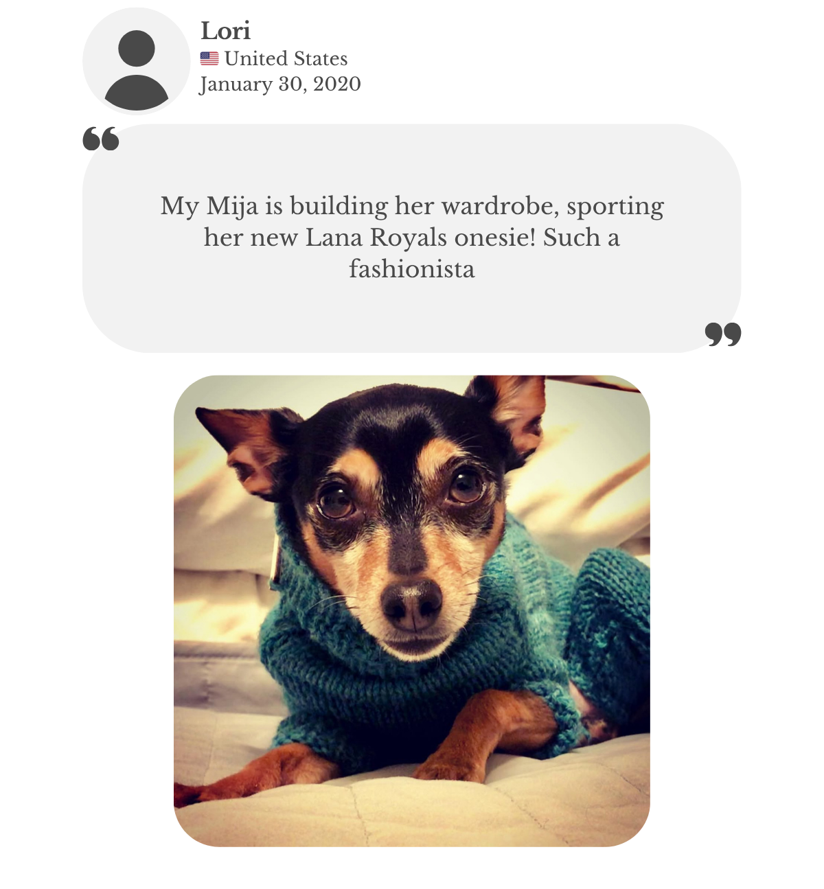 Customer testimonial from Lori: her Pinscher mix wears a handmade ‘Primus’ jumpsuit in ocean blue from Lana Royals Pet Wear. She says Mija is building her small dog wardrobe and looks like a little fashionista in her new onesie.