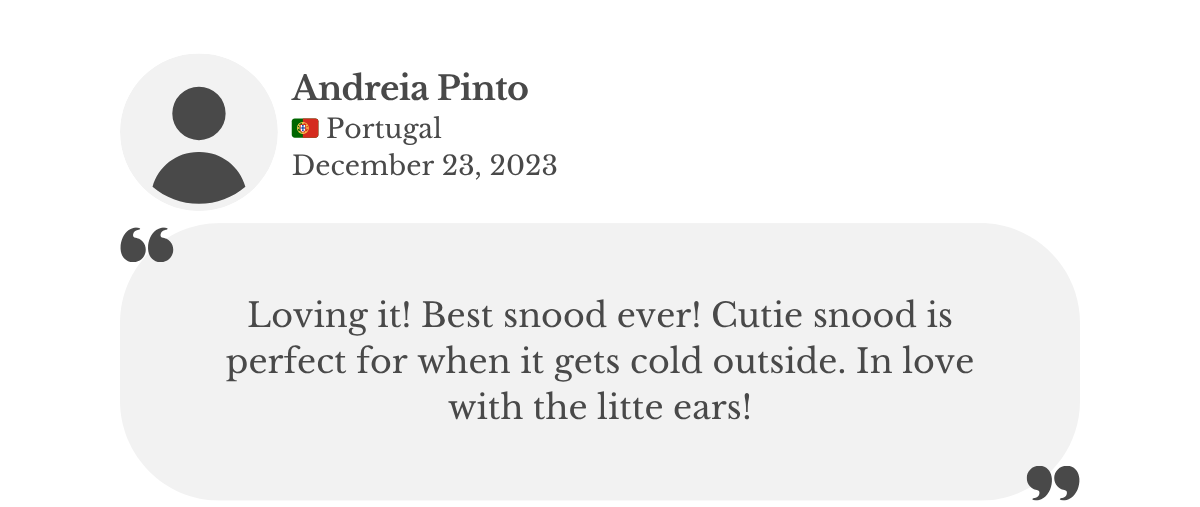 Product review from Andreia Pinto, praising 'cuddlebear' dog snood from Lana Royals Pet Wear