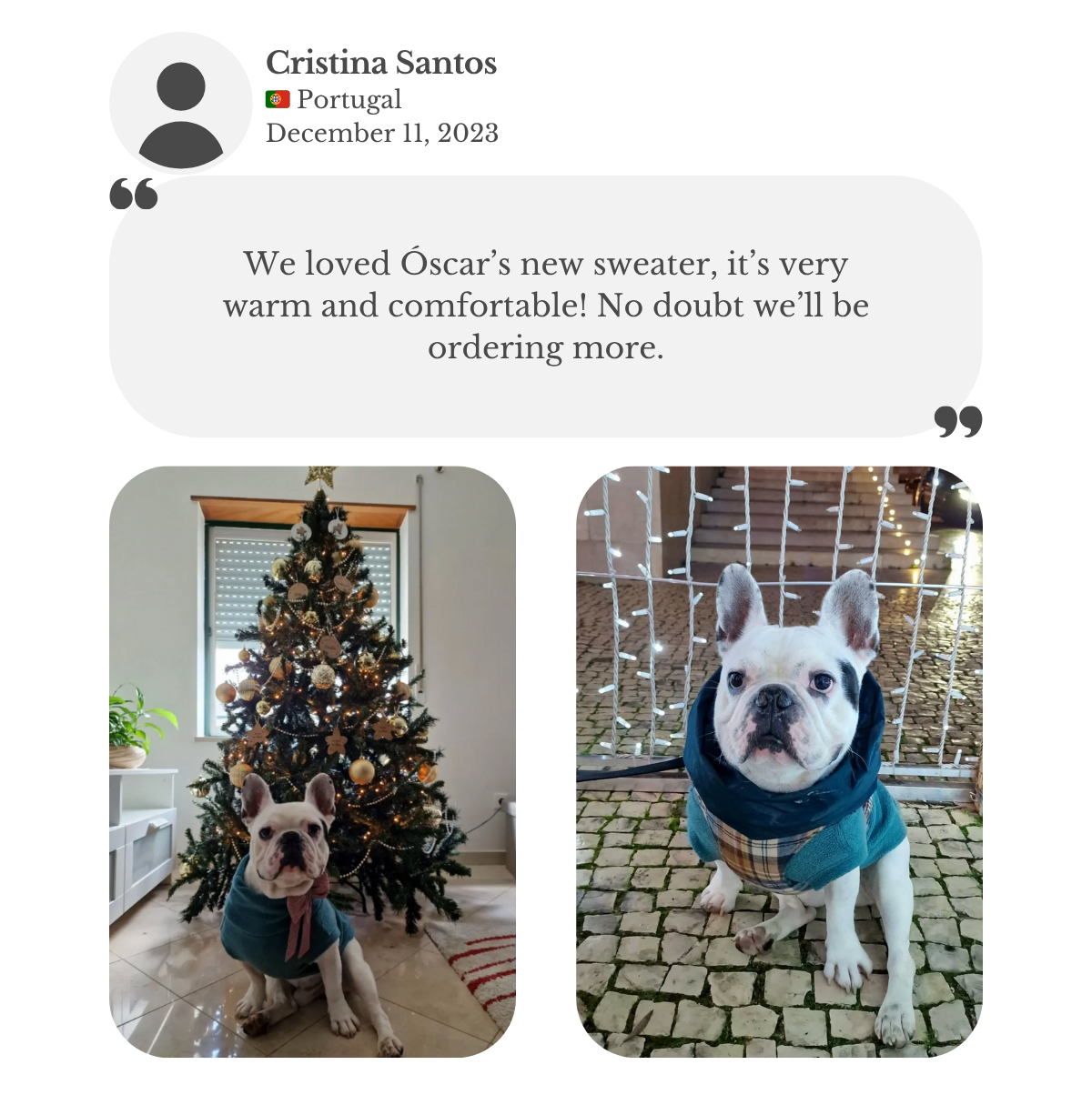 Customer testimonial from Cristina: her French Bulldog, Oscar, wears a teal fleece vest from Lana Royals Pet Wear. She says he loves the warm and comfortable sweater.