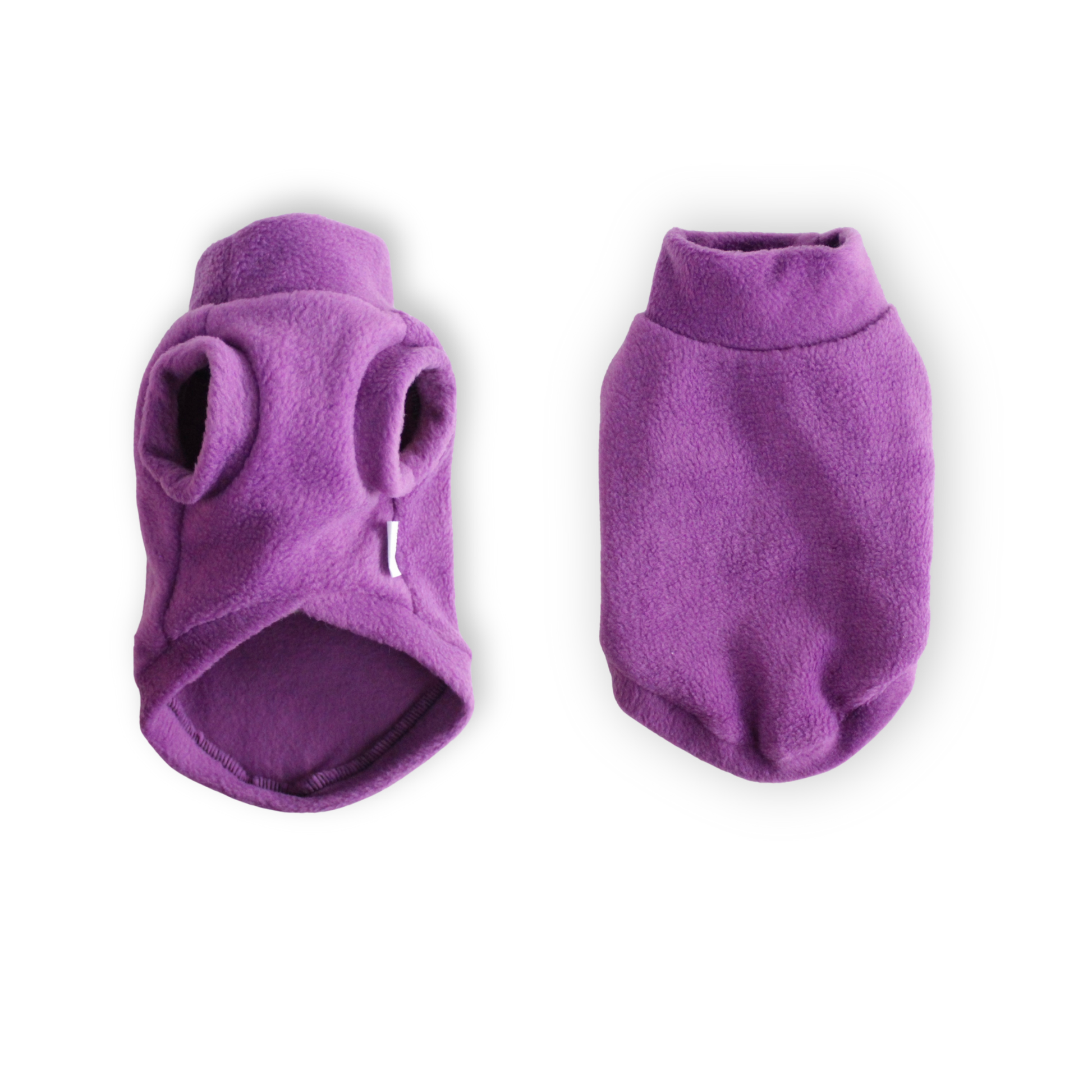 Two purple fleece dog coats on a white background, from Lana Royals Pet Wear.