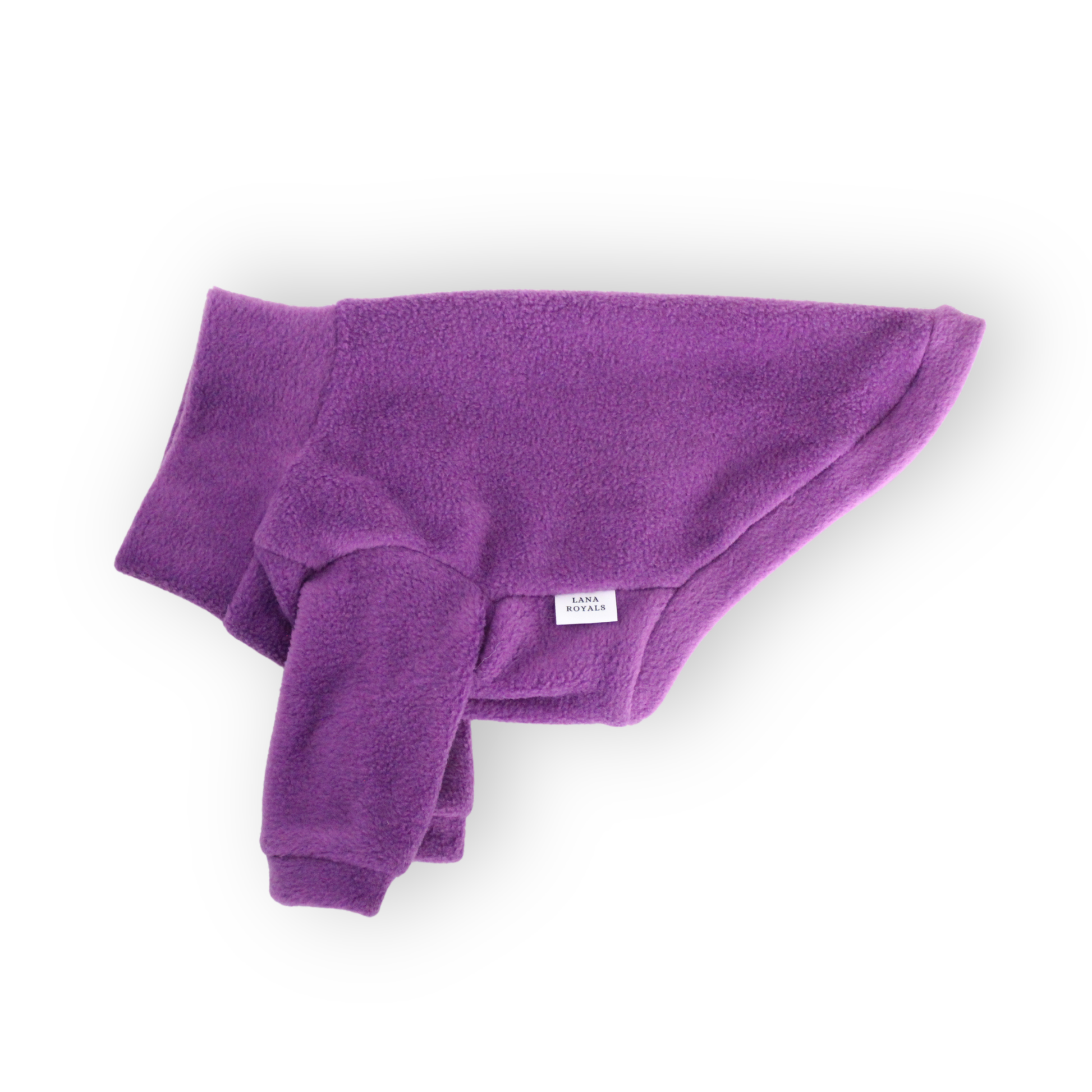 Purple fleece dog jumper with front sleeves from Lana Royals Pet Wear.