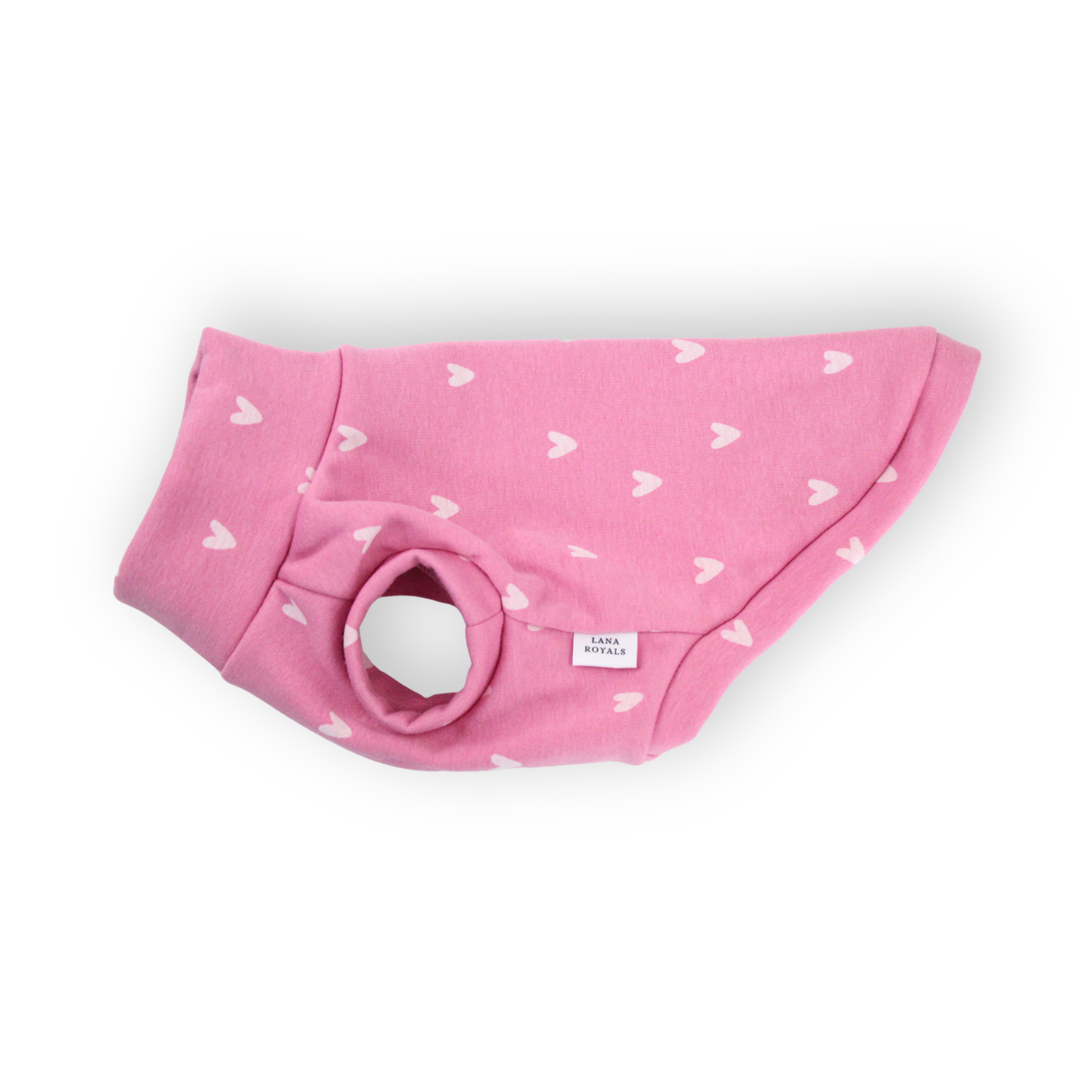 Pink alpine fleece sweatshirt jumper with white valentine hearts for dogs from Lana Royals Pet Wear.