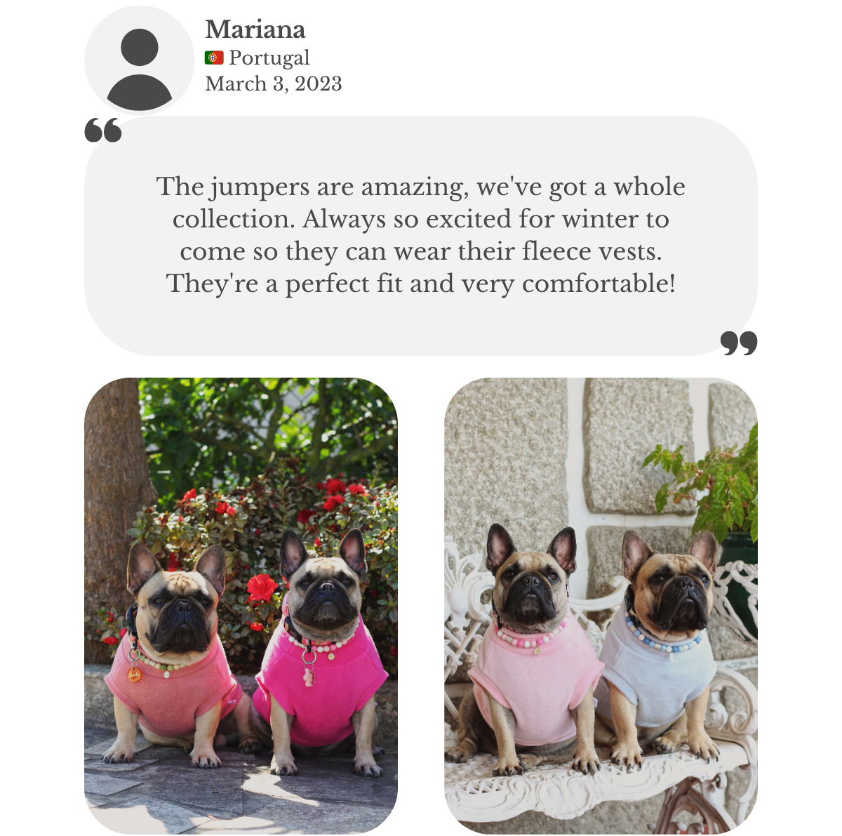 Customer testimonial from Mariana: her two French Bulldogs wear fleece vests in berry pink, hot pink, baby pink, and baby blue from Lana Royals Pet Wear. She praises the perfect fit, comfort, and mentions they now have a whole collection.