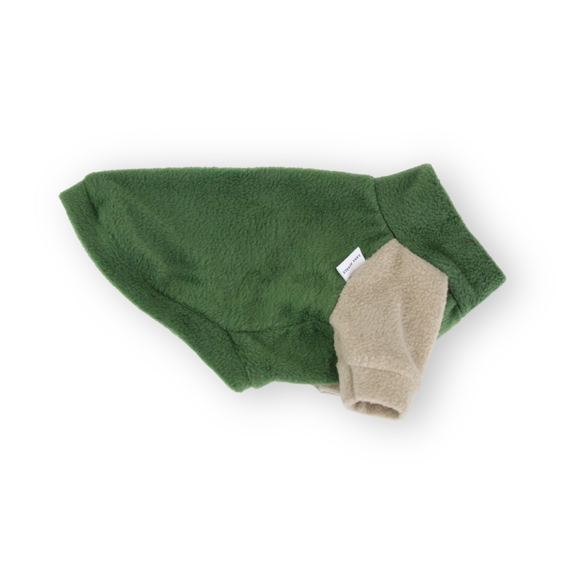 Pine green dog jumper with beige raglan sleeves from Lana Royals Pet Wear.
