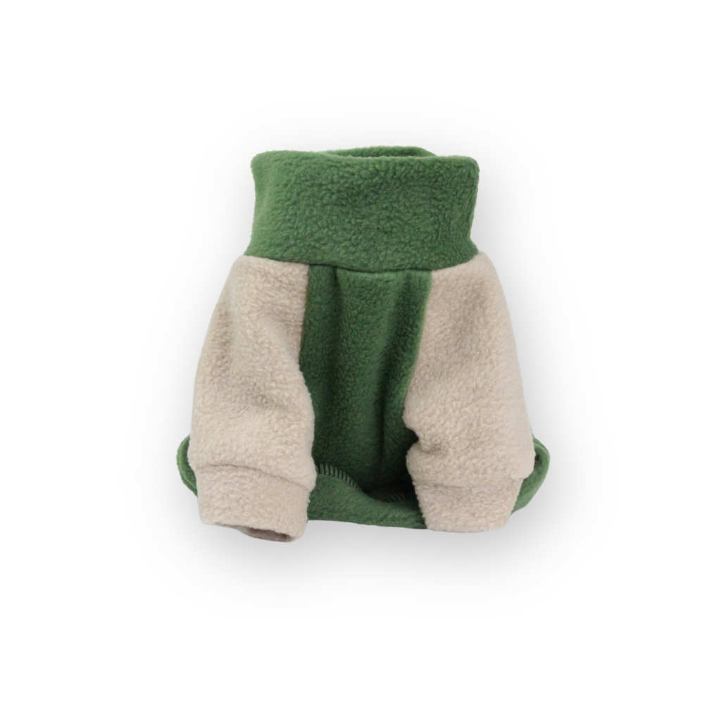 Pine green fleece jumper with beige raglan sleeves for small dogs from Lana Royals Pet Wear.