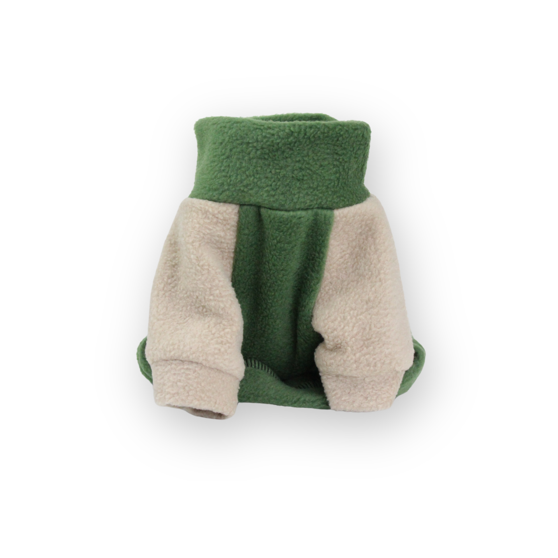 Pine green fleece jumper with beige raglan sleeves for small dogs from Lana Royals Pet Wear.