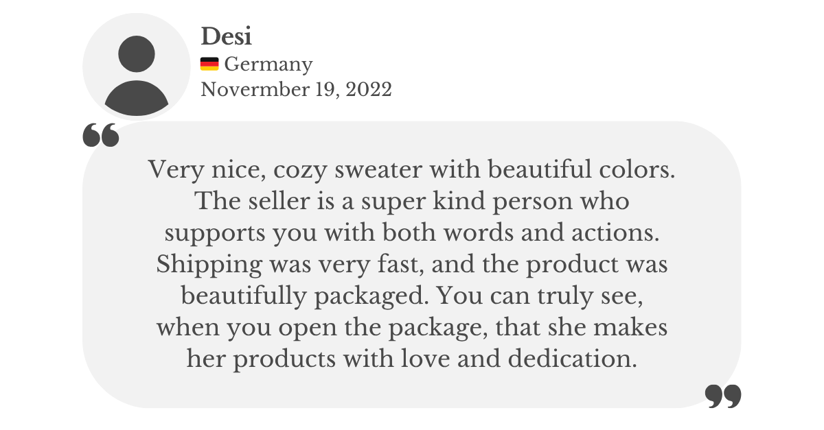 Positive product review for Lana Royals custom dog sweater, mentioning warmth and coziness, attentive seller, careful packaging, and speedy shipping.