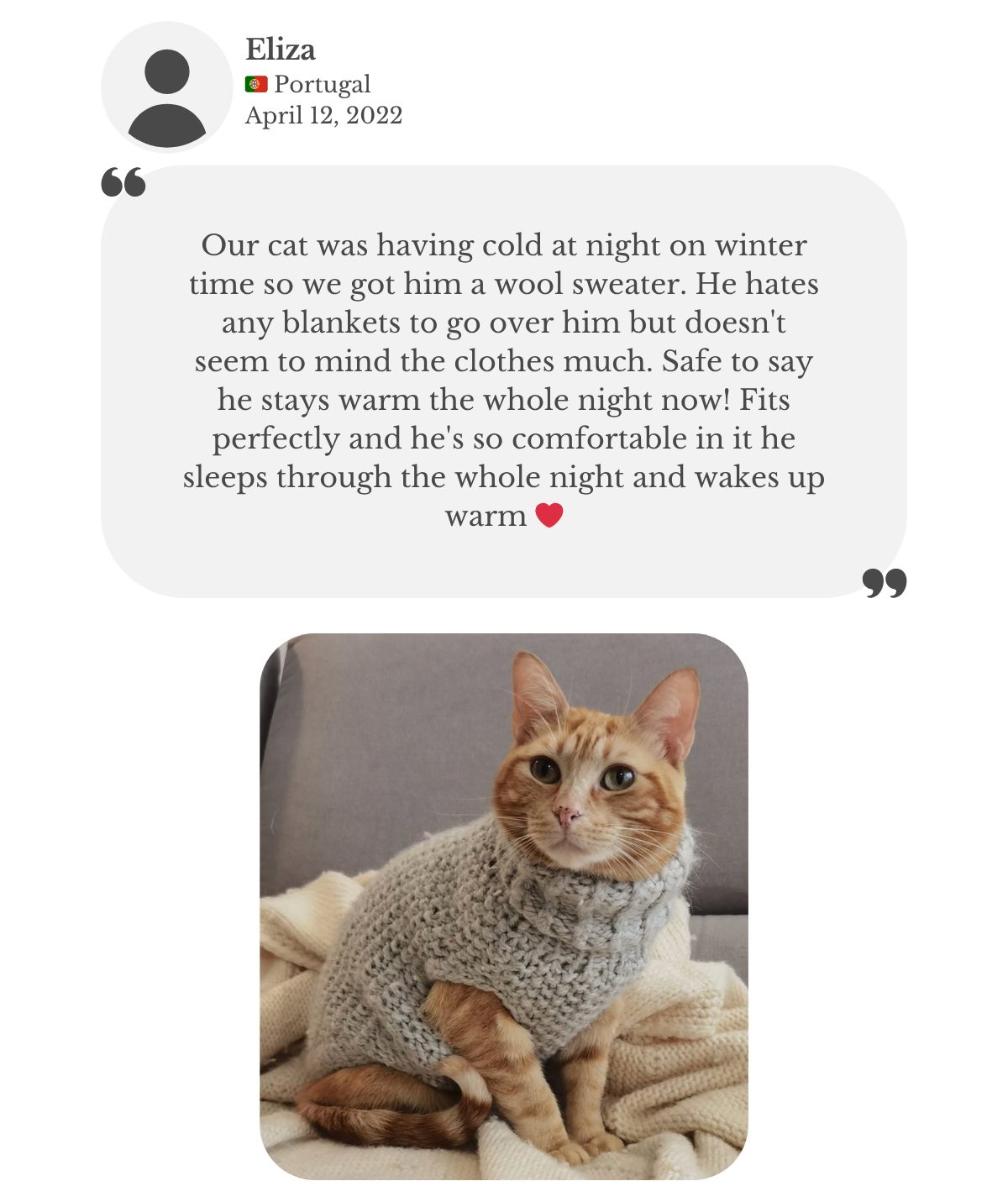 Customer testimonial: cat wearing a grey hand-knitted alpaca wool turtleneck sweater from Lana Royals Pet Wear, perfect for keeping warm on cold winter nights since the cat dislikes blankets.