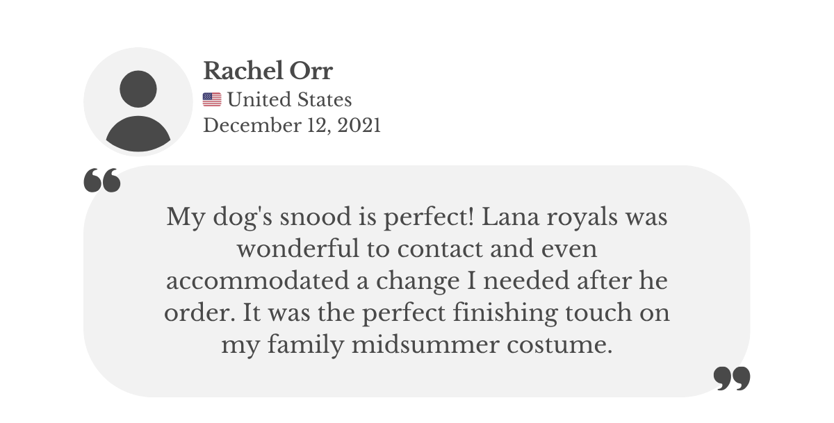 Product review from Rachel Orr, complimenting 'cuddlebear' dog snood from Lana Royals Pet Wear.