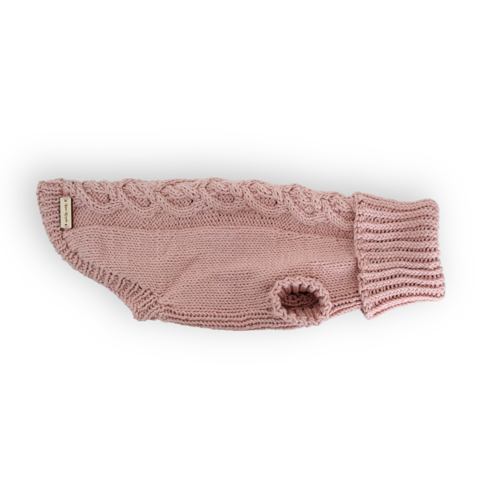 Hand-knitted desert pink cotton turtleneck sweater for miniature dogs from Lana Royals Pet Wear.