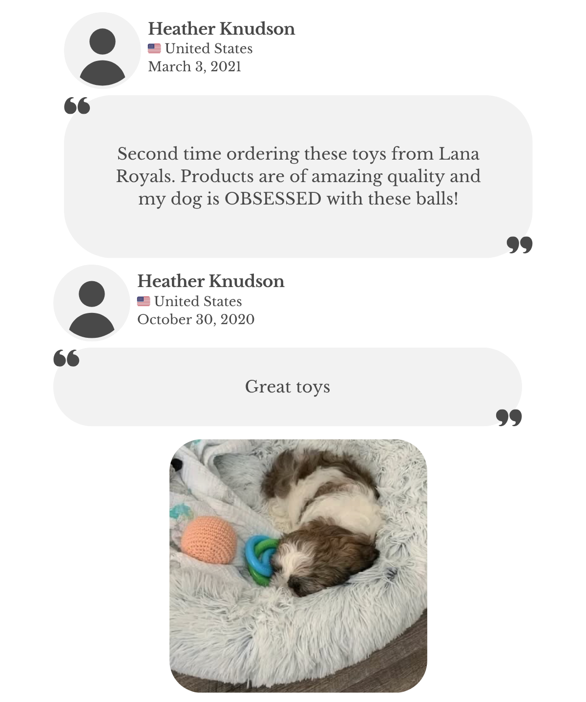 Customer testimonial: over the course of a year, his dog has loved the handmade crochet balls from Lana Royals Pet Wear. He praises the quality and durability, and his dog is obsessed with them