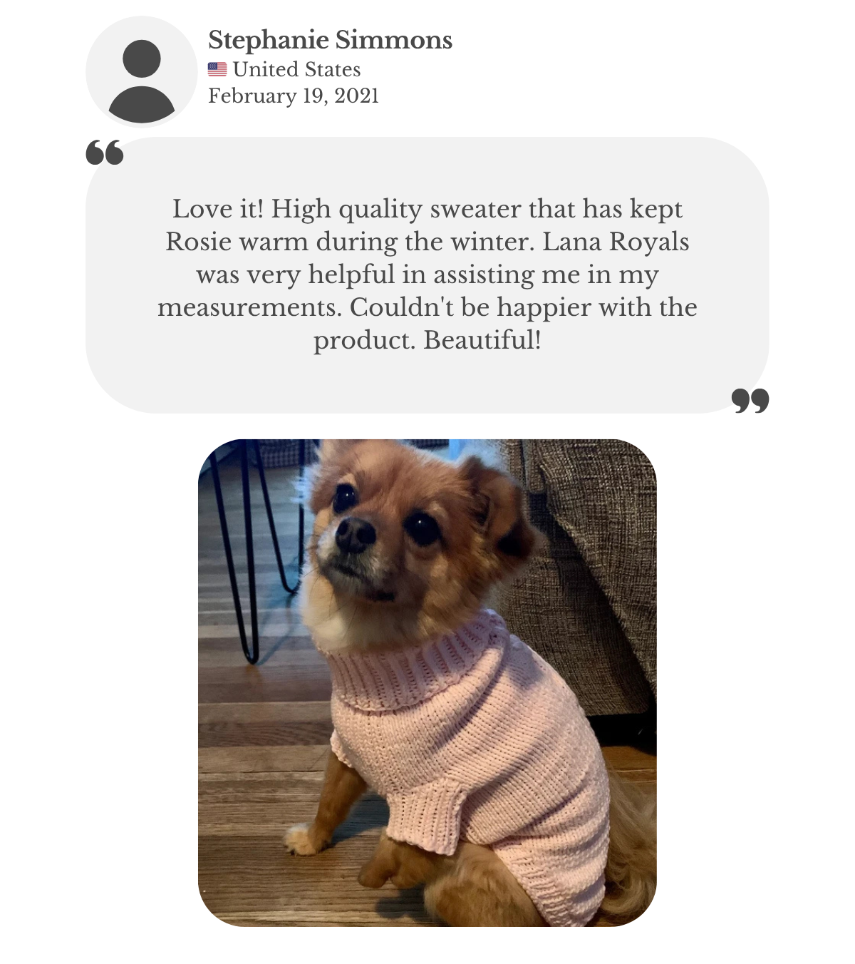 Small fox mixed dog is wearing hand-knitted 'VENZEL' cotton dog sweater. Stephanie says it is high quality, keeps Rosie warm during the winter, and she's happy about the product, while also mentioning that Lana Royals team is very helpful in assisting with measurements.