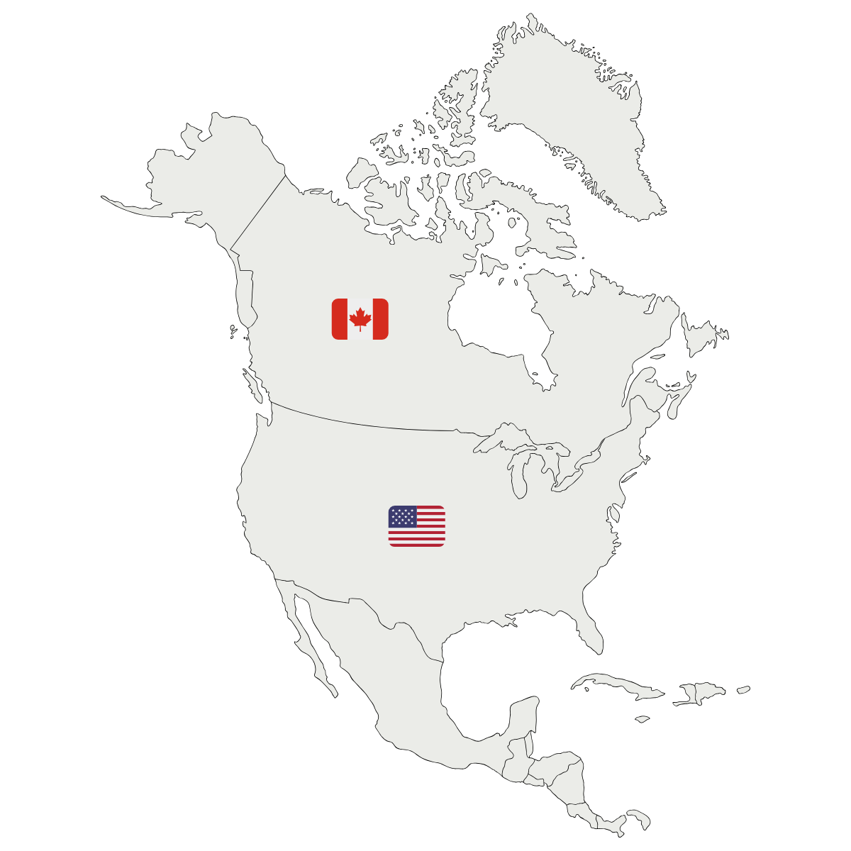 Map of North America and Canada with their flags highlighted, as a symbol of where Lana Royals Pet Wear has shipped orders to