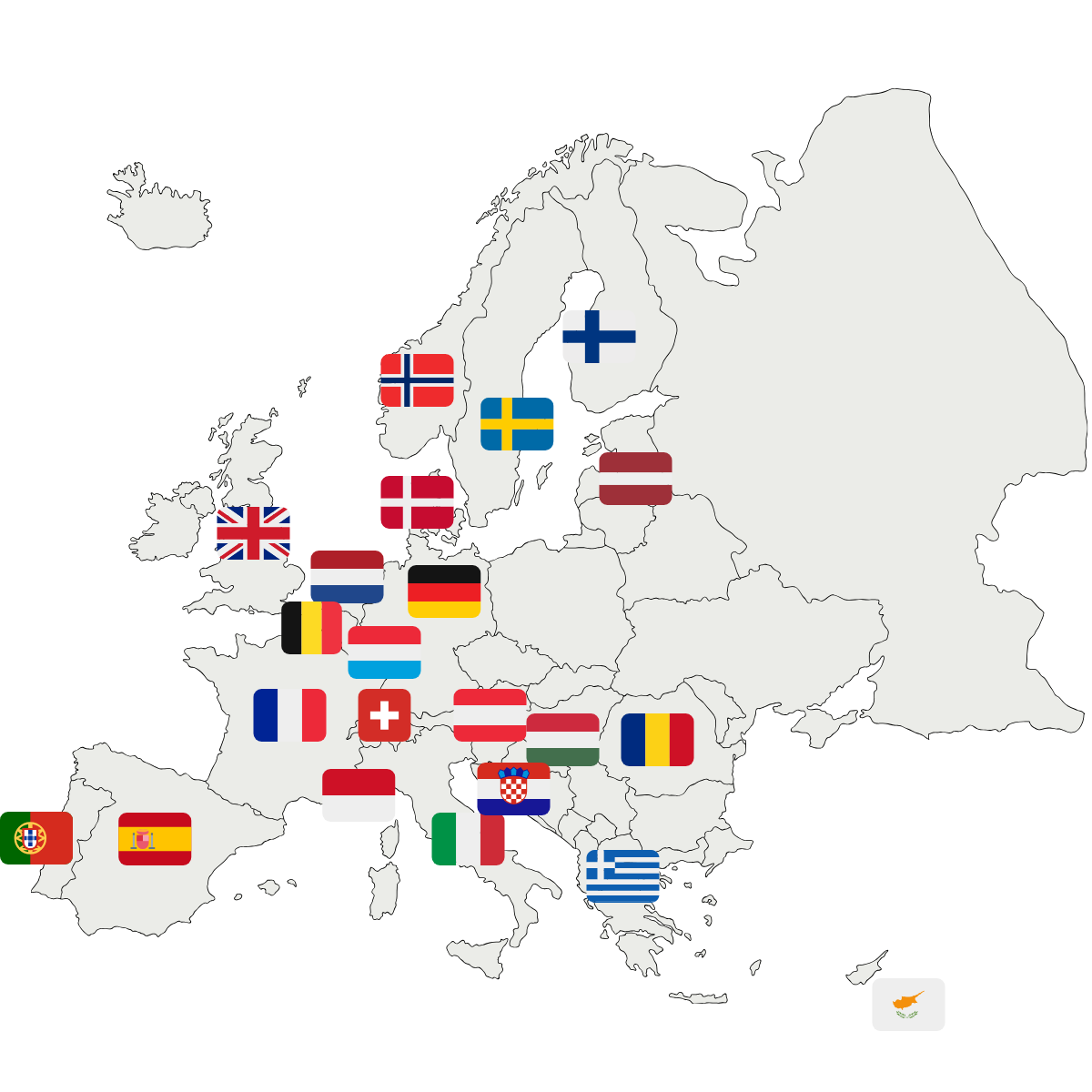 Map of Europe with various country flags highlighted, as a symbol of where Lana Royals Pet Wear has shipped orders to.