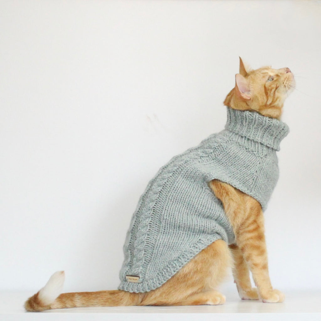 Ginger cat wearing a hand-knitted alpaca wool turtleneck sweater in soft mint color, custom-made to measure by Lana Royals Pet Wear.