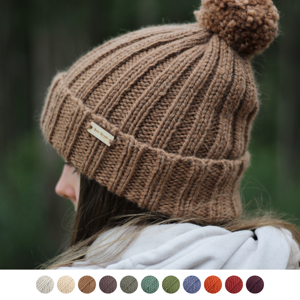 Woman wearing handmade knitted thick alpaca wool beanie unisex for woman and men. Available to order in different colors, winter holiday gift from Lana Royals Pet Wear.