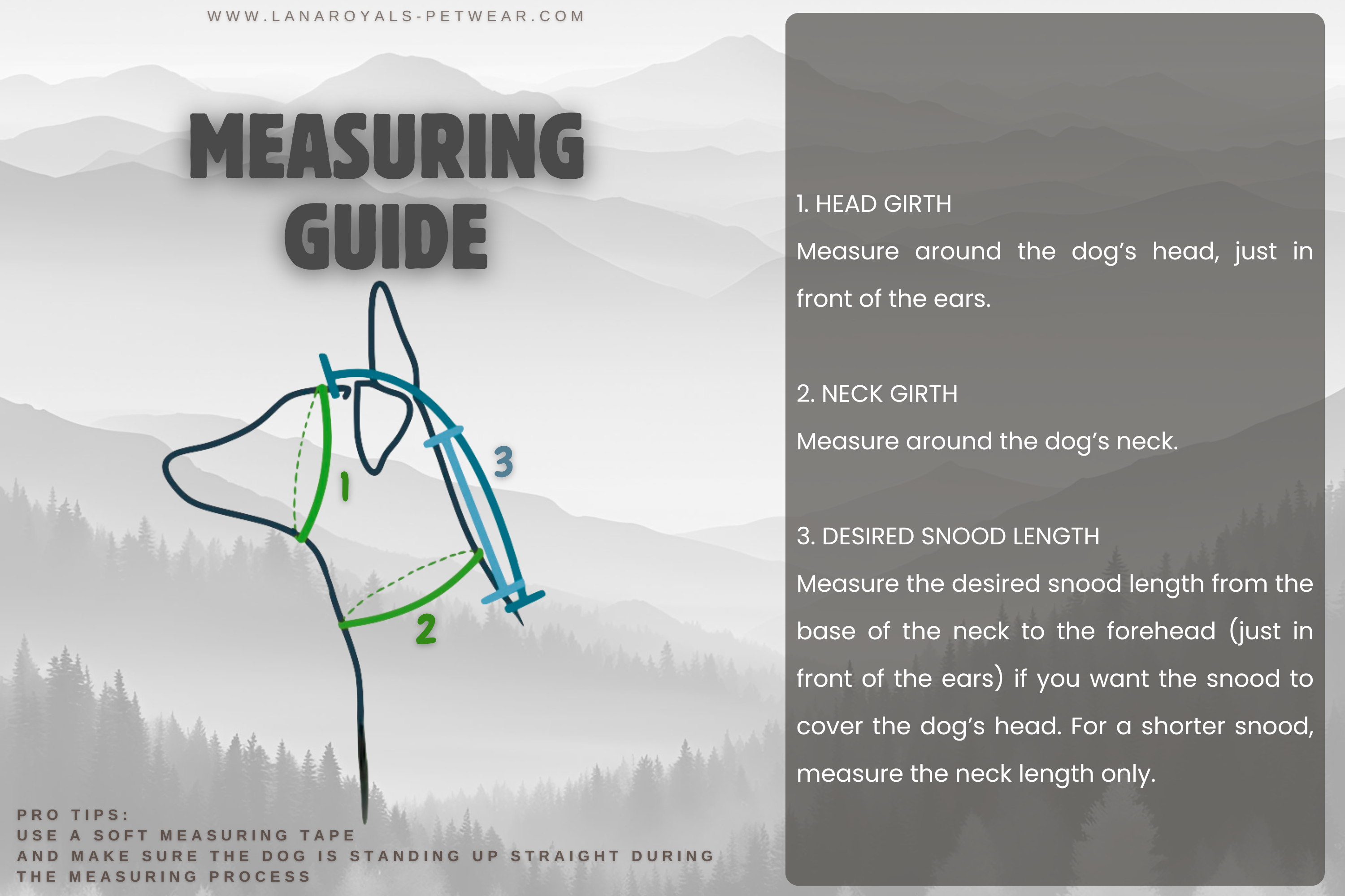 Dog measuring guide with illustrations and text, from Lana Royals Pet Wear.