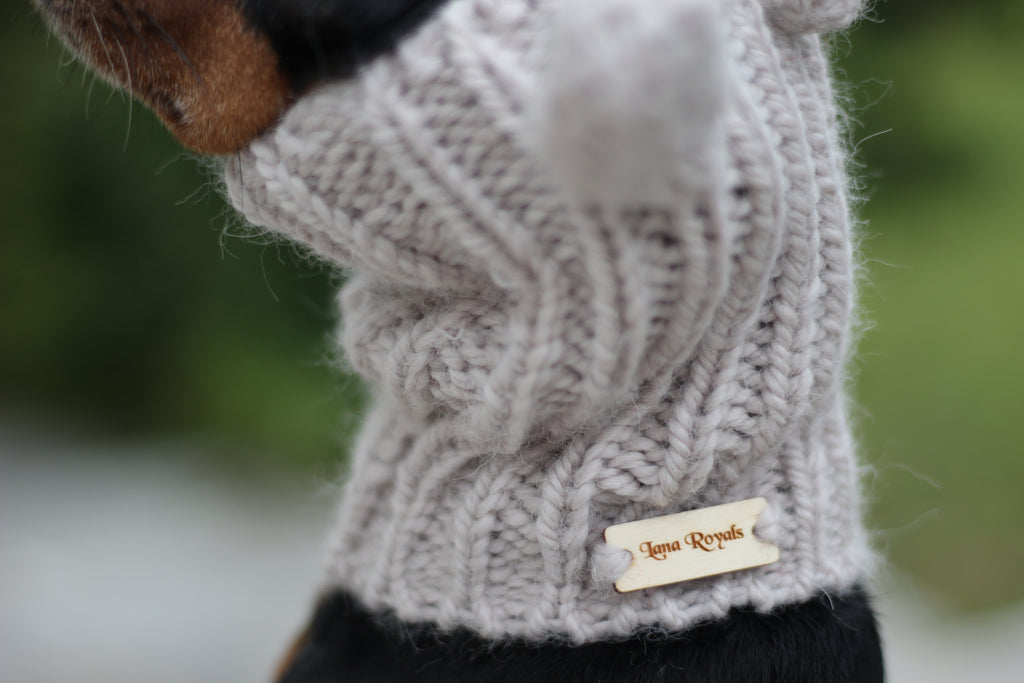 Miniature Pinscher, Prague Ratter dog wearing custom-tailored, hand-knitted snood with bunny ears named "NORDIC CUDDLEBUNNY" in lunar caliza color, close up view of the Lana Royals label