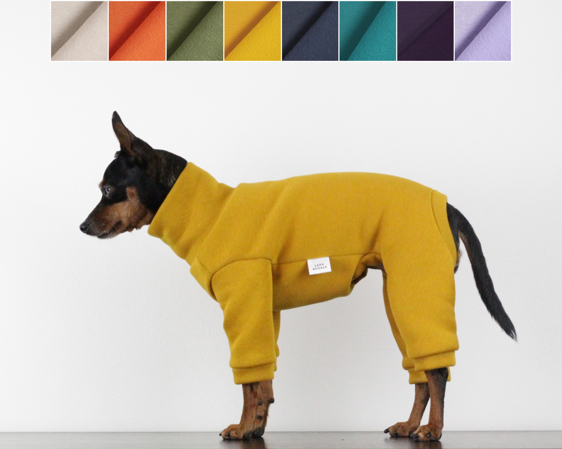 Dog wearing a mustard yellow cotton sweatshirt jumpsuit overall with color swatches above. Custom made to measure by Lana Royals Pet Wear Store.